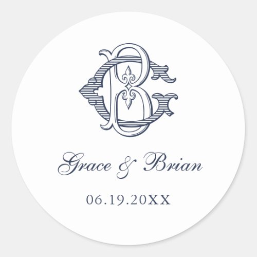 Elegant Vintage Decorative Monogram BG GB Wedding Classic Round Sticker