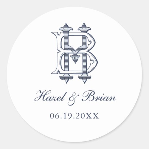 Elegant Vintage Decorative Monogram BH Wedding Classic Round Sticker