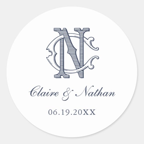 Elegant Vintage Decorative Monogram CN Wedding Classic Round Sticker