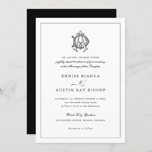 Elegant Vintage Decorative Monogram DA Wedding Invitation