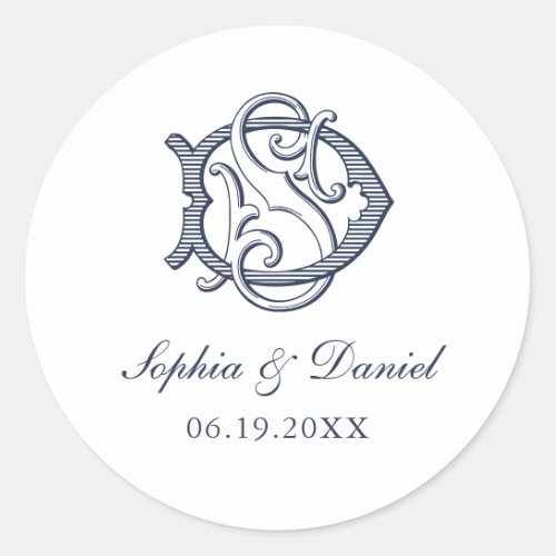 Elegant Vintage Decorative Monogram DS Wedding Classic Round Sticker