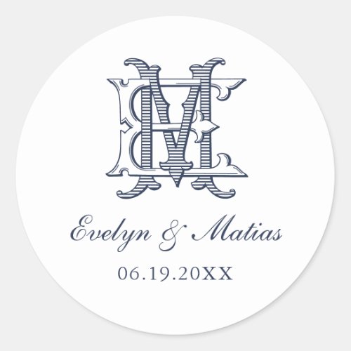 Elegant Vintage Decorative Monogram EM Wedding Classic Round Sticker