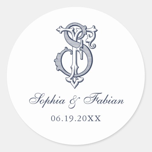 Elegant Vintage Decorative Monogram FS Wedding Classic Round Sticker