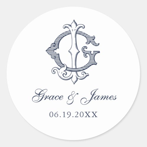 Elegant Vintage Decorative Monogram GJ JG Wedding Classic Round Sticker