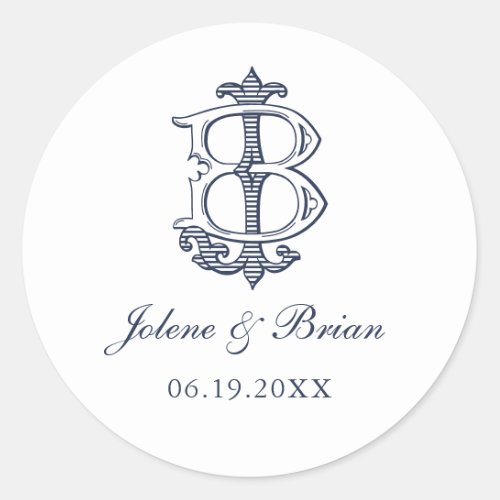 Elegant Vintage Decorative Monogram JB Wedding Classic Round Sticker