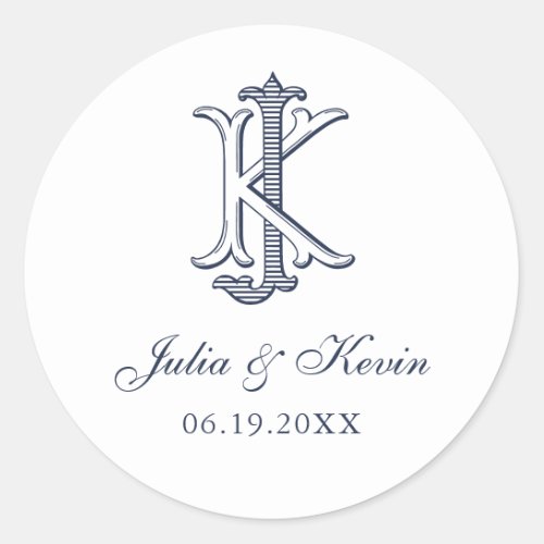 Elegant Vintage Decorative Monogram JK Wedding Classic Round Sticker
