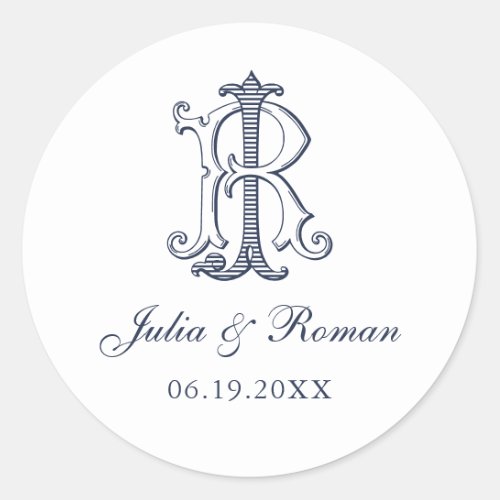 Elegant Vintage Decorative Monogram JR Wedding Classic Round Sticker