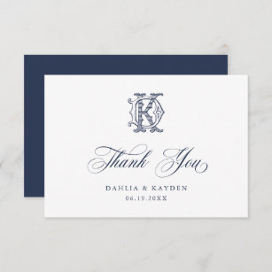 Elegant Vintage Decorative Monogram KD Wedding Thank You Card