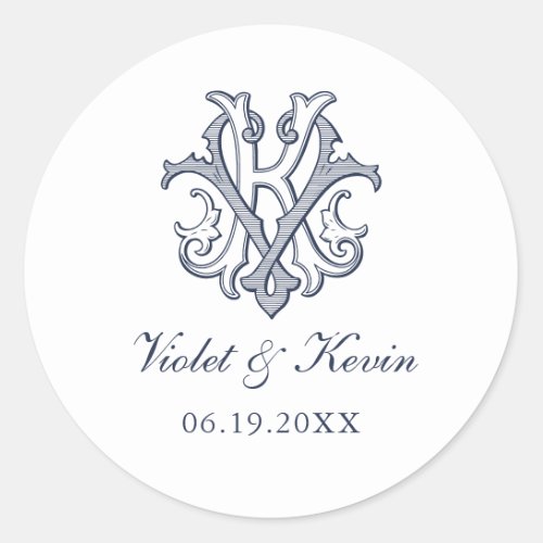 Elegant Vintage Decorative Monogram KV Wedding Classic Round Sticker