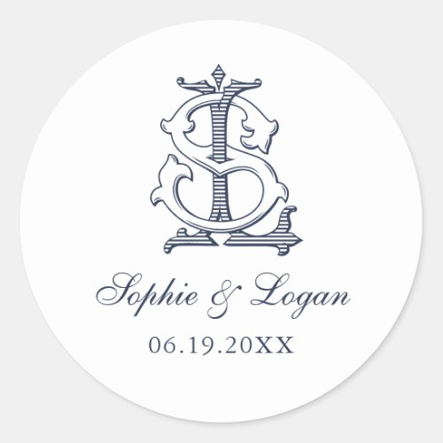 Elegant Vintage Decorative Monogram LS Wedding Classic Round Sticker