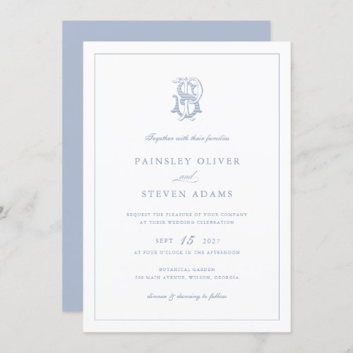 Elegant Vintage Decorative Monogram PS Wedding Invitation