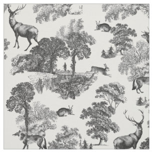 Elegant Vintage Deer Fox Black and White Toile Fabric
