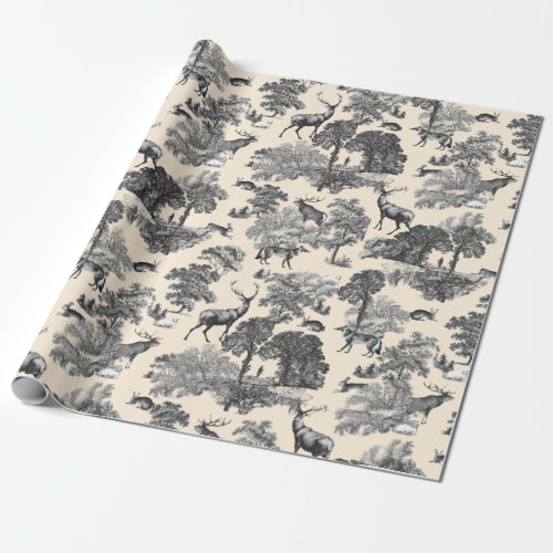 Elegant Vintage Deer Fox Hare Country Toile Beige Wrapping Paper