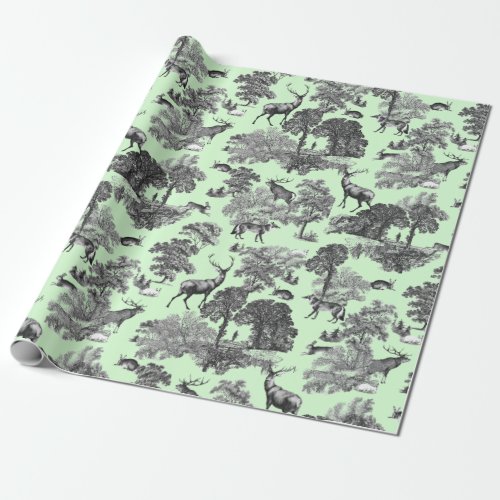 Elegant Vintage Deer Fox Hare Country Toile Green Wrapping Paper
