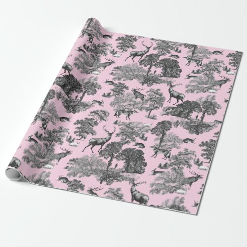 Elegant Vintage Deer Fox Hare Country Toile Pink Wrapping Paper