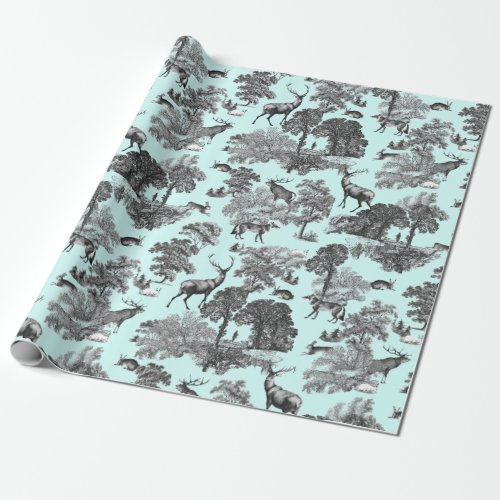 Elegant Vintage Deer Fox Hare Country Toile Teal Wrapping Paper