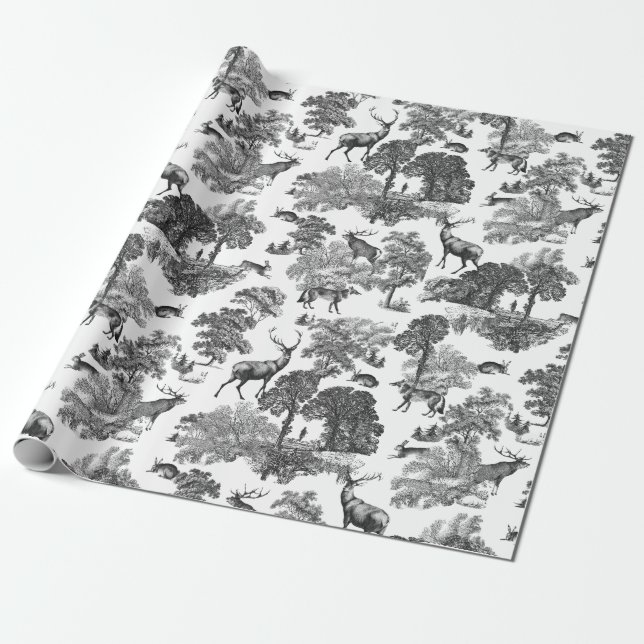 Elegant Vintage Deer Fox Hare Country Toile Wrapping Paper (Unrolled)
