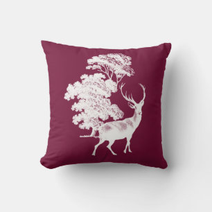 Elegant Vintage Deer in Woodland Burgundy White Throw Pillow