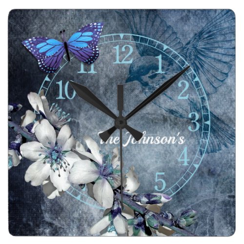 Elegant vintage design white floral butterfly bird square wall clock
