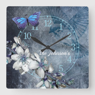 Elegant vintage design white floral butterfly bird square wall clock