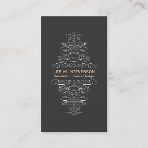 Customizable Formal Interior Designer Ornate Swirl Motif Black Business Card Templates