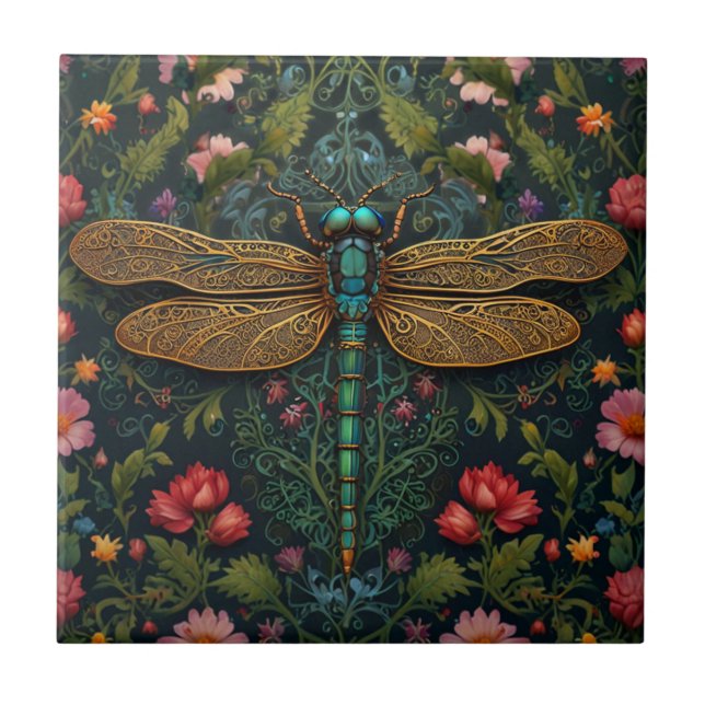 Elegant Vintage dragonfly boho botanical  Ceramic Tile (Front)