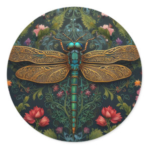 Elegant Vintage dragonfly boho botanical  Classic Round Sticker