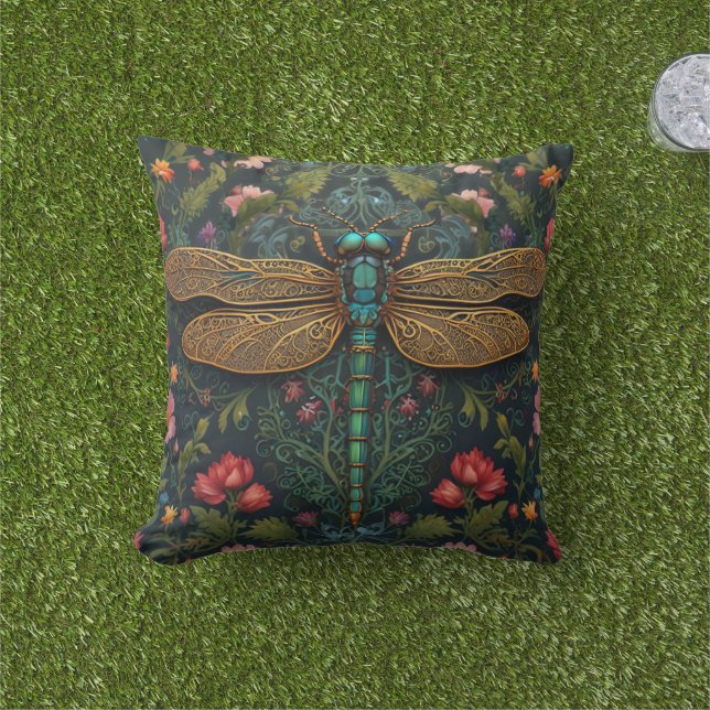 Elegant Vintage dragonfly boho botanical  Outdoor Pillow (Grass)