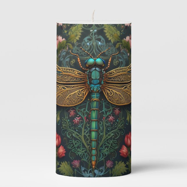 Elegant Vintage dragonfly boho botanical  Pillar Candle (Front)
