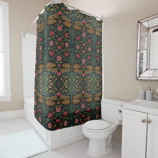 Elegant Vintage dragonfly boho botanical  Shower Curtain (In Situ)