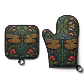Elegant Vintage dragonfly botanical art nouveau Oven Mitt & Pot Holder Set