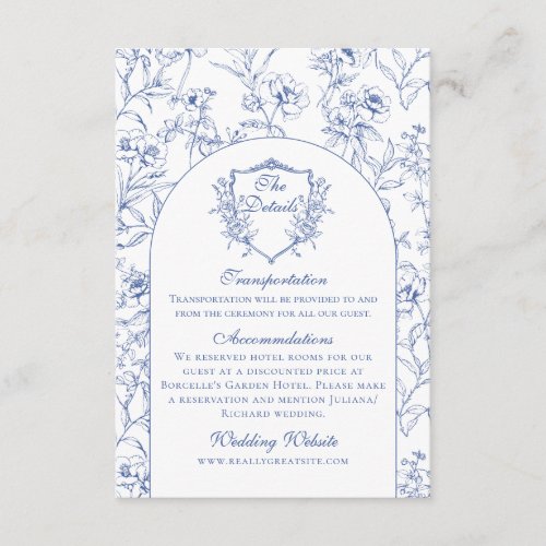 Elegant Vintage Dusty Blue Floral Wedding Details Enclosure Card