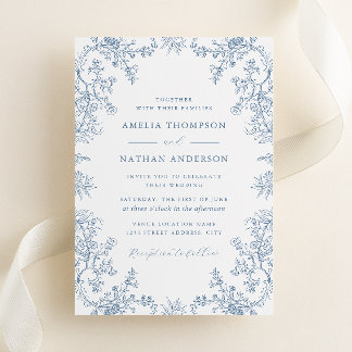 Elegant Vintage Dusty Blue Floral Wedding Invitation