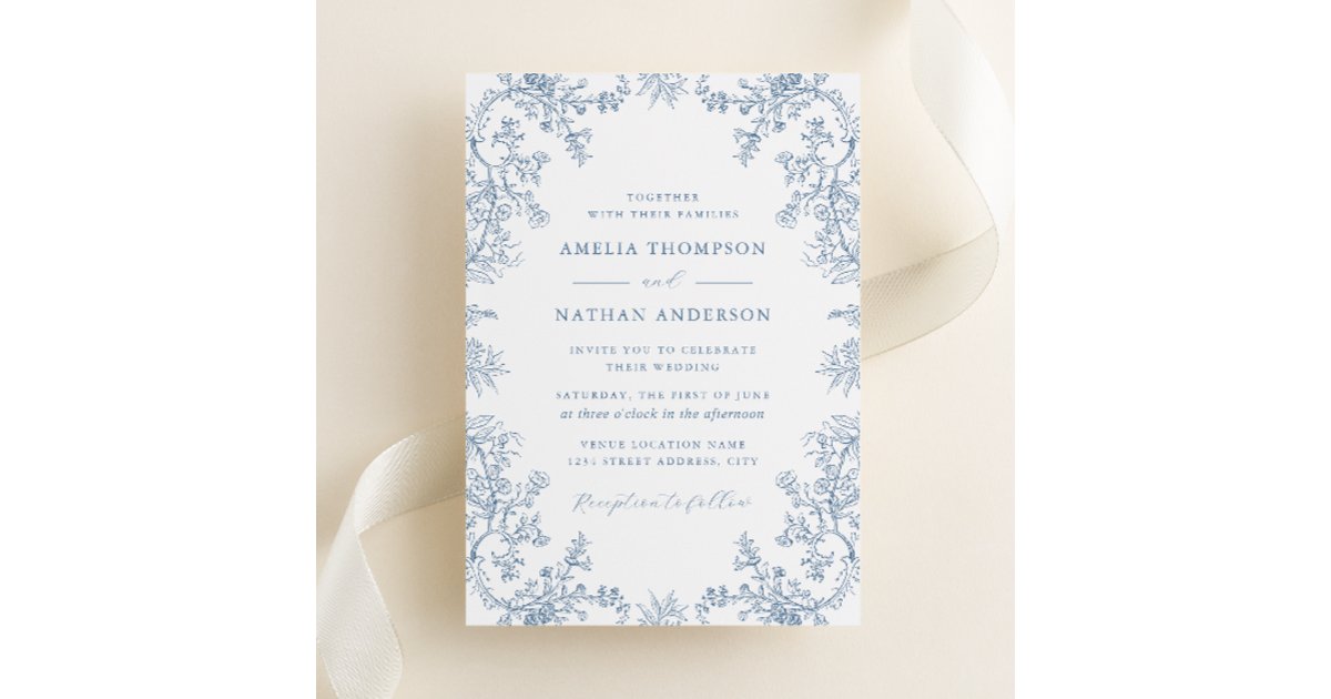 Elegant Vintage Dusty Blue Floral Wedding Invitation | Zazzle