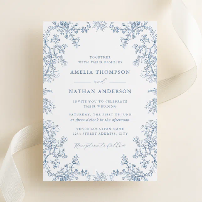 Elegant Vintage Dusty Blue Floral Wedding Invitation | Zazzle