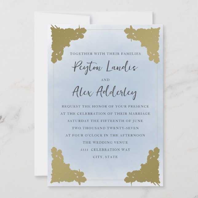 Elegant Vintage Dusty Blue Gold  Invitation (Front)