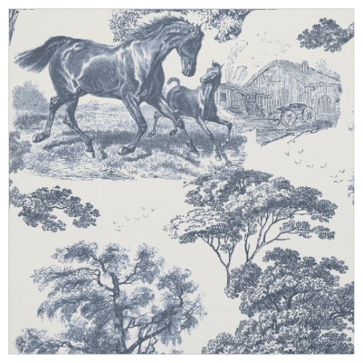 Elegant Vintage Dusty Blue Horse Toile Fabric