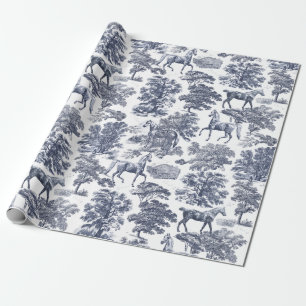 Elegant Vintage Dusty Blue Horses in Woods Toile Wrapping Paper