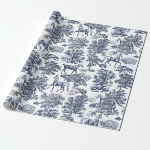 Elegant Vintage Dusty Blue Horses in Woods Toile Wrapping Paper