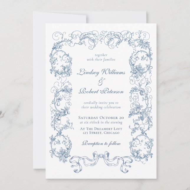 Elegant Vintage Dusty Blue Ornate Wedding Invitation (Front)