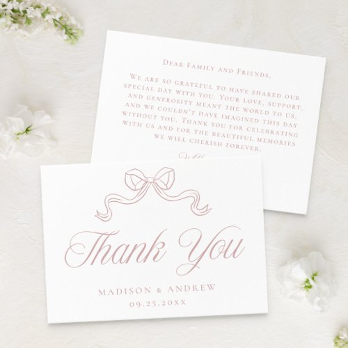 Elegant Vintage Dusty Rose Bow Wedding Thank You Card