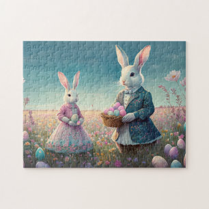 Elegant Vintage Easter bunnies picking easter eggs Jigsaw Puzzle