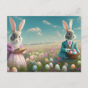 Elegant Vintage Easter bunny boy and girl Holiday Postcard