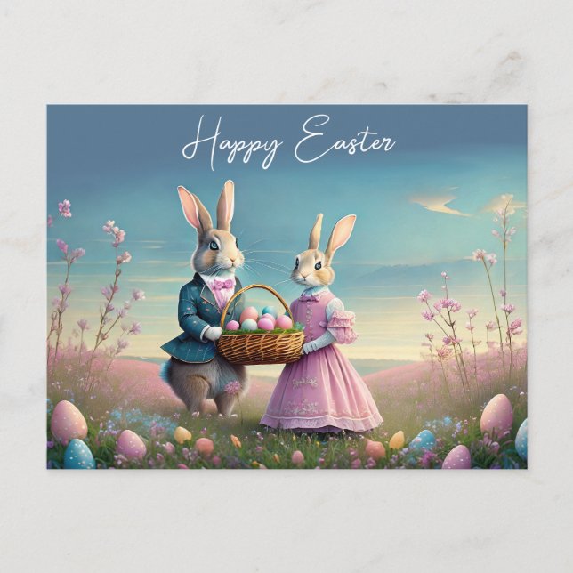 Elegant Vintage Easter bunny boy and girl Postcard (Front)