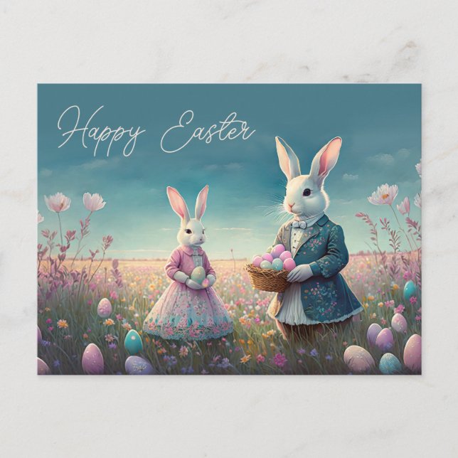 Elegant Vintage Easter bunny boy and girl Postcard (Front)