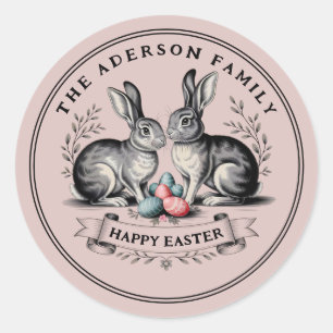 Elegant Vintage Easter Bunny Pair with Eggs Classic Round Sticker