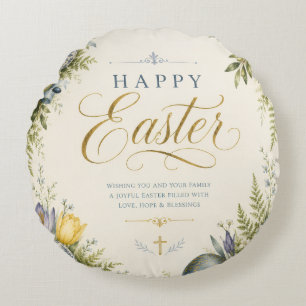 Elegant Vintage Easter Egg Greeting and Pastel Round Pillow