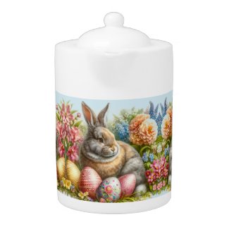 Elegant Vintage Easter Flowers and Rabbit Teapot
