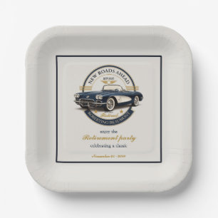 Elegant Vintage Emblem Blue Car Retirement Party Paper Plates