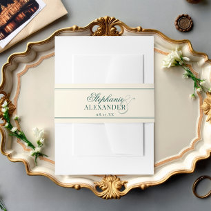 Elegant Vintage Emerald & Ivory Old Money Wedding Invitation Belly Band
